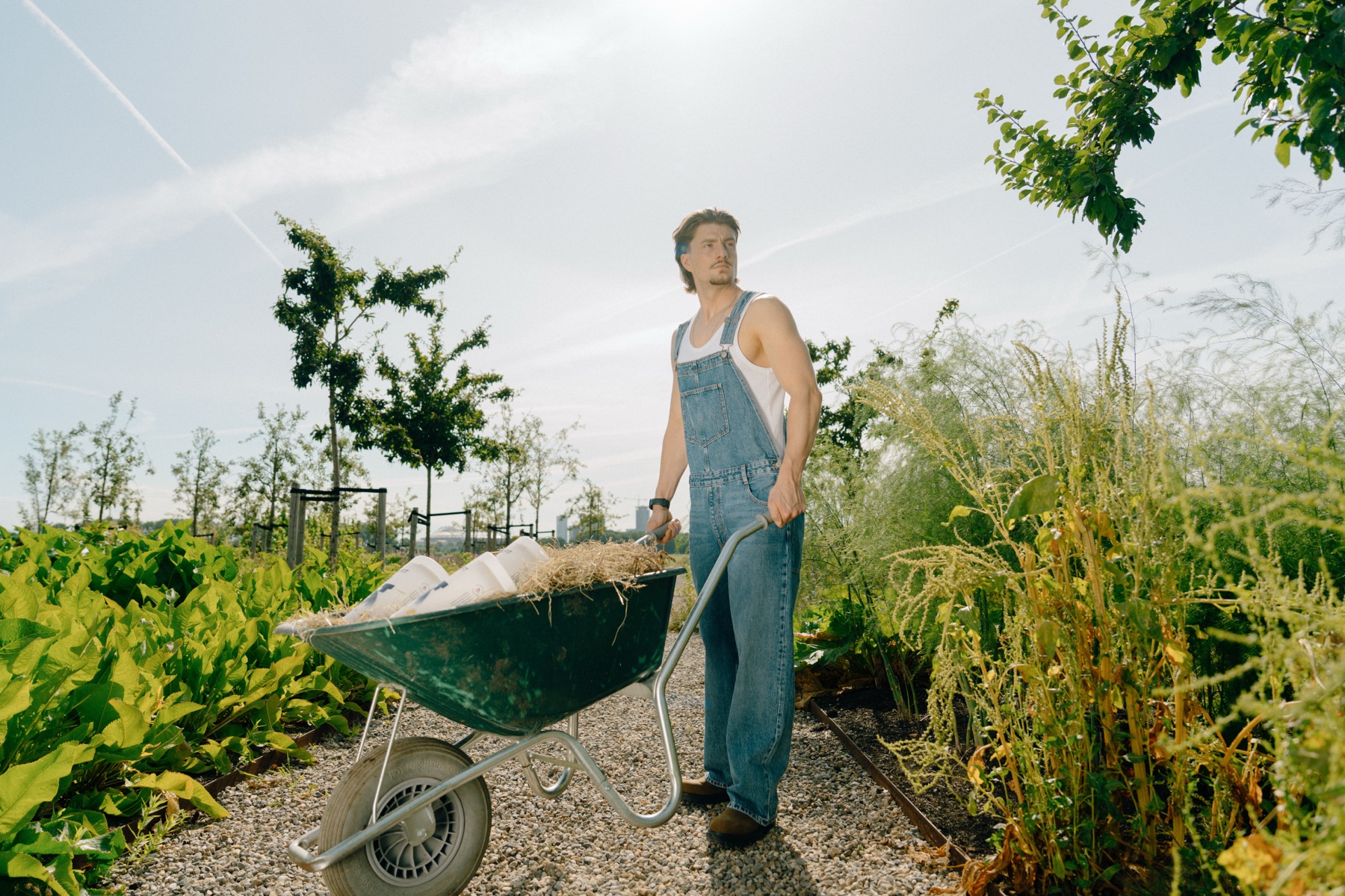 Sporter in denim overall duwt een kruiwagen door de tuin